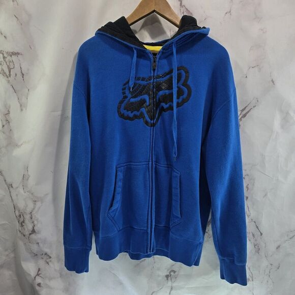 Fox Racing Hoodie Mens Large Blue Black Cotton Sweatshirt Jacket Full Zip - Picture 1 of 13
